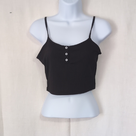 Romwe Black Ribbed Spaghetti Strap Cropped Cami Size Medium - Picture 1 of 5